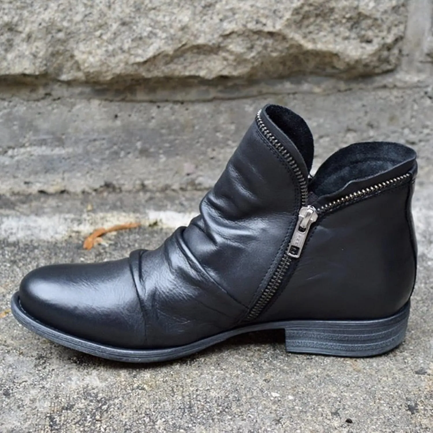 oiangi Womens Boots Fall 2022 Ankle Booties Vintage Slip on Round Toe Side Zipper Chunky Block Mid Heel Booties Solid Casual Comfy Outdoor Ladies Shoes