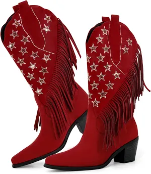 Onlymaker Cowboy Boots for Women Mid Calf High Cowgirl Boots With Fringe