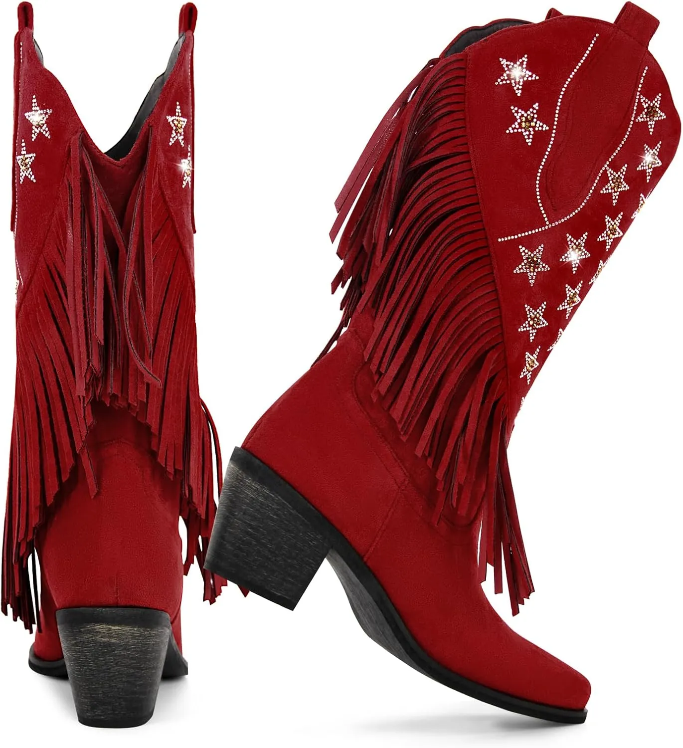 Onlymaker Cowboy Boots for Women Mid Calf High Cowgirl Boots With Fringe