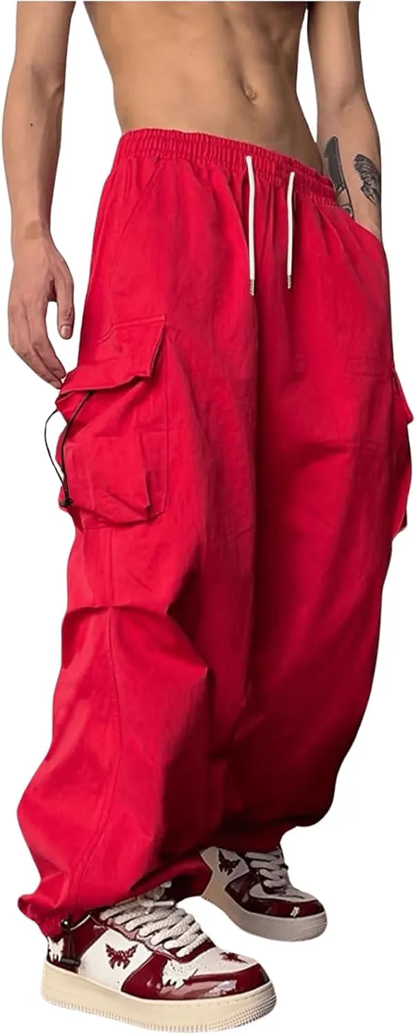 OYOANGLE Men's Baggy Cargo Pants Elastic Drawstring Waist Flap Pocket Y2K Hip Hop Trousers