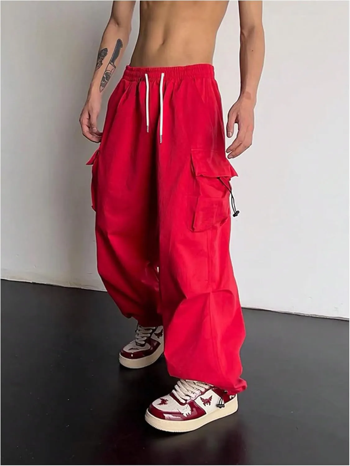 OYOANGLE Men's Baggy Cargo Pants Elastic Drawstring Waist Flap Pocket Y2K Hip Hop Trousers