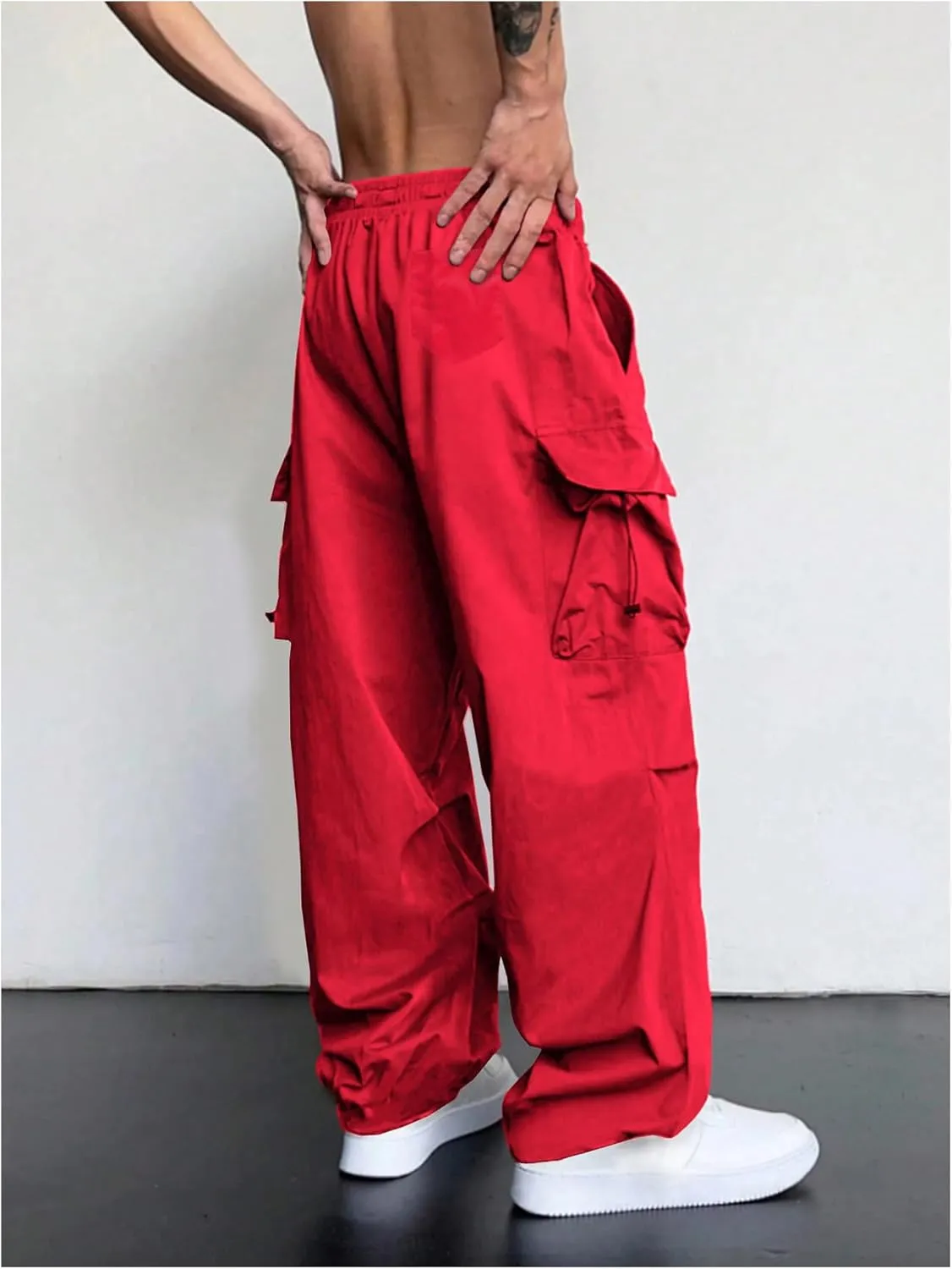 OYOANGLE Men's Baggy Cargo Pants Elastic Drawstring Waist Flap Pocket Y2K Hip Hop Trousers