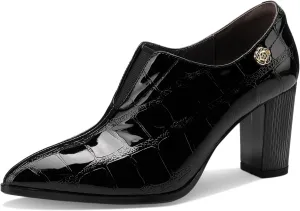 Patent Leather Ankle Boots for Women Chunky Block Pointed Toe Extra Wide Booties Botas Para Mujer High Heels Dress Warm Lined Classic Ladies Comfortable Dressy 3 Inch Boot