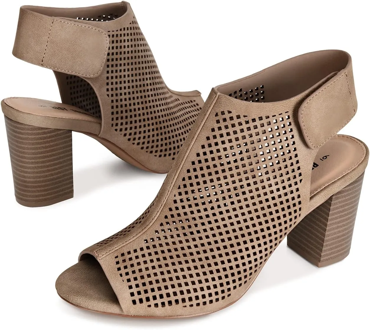 Peep Toe Booties Women, Ankle Booties Skeleton Boots Hook & Loop Strap Mid Block Heel Sandals for Women