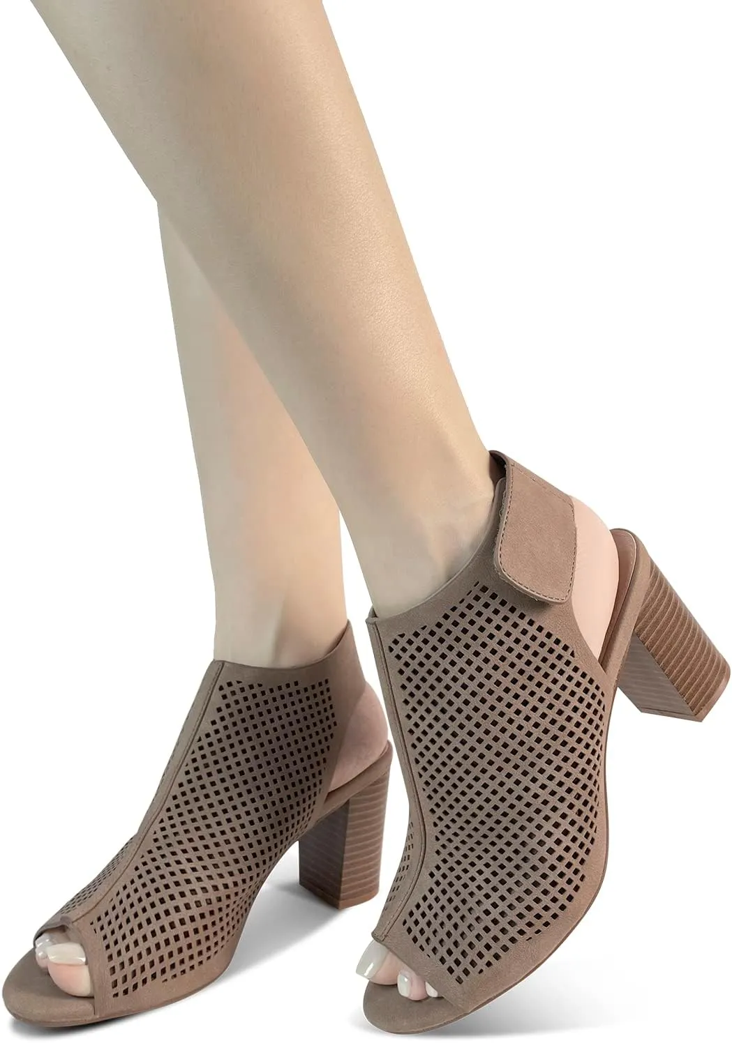 Peep Toe Booties Women, Ankle Booties Skeleton Boots Hook & Loop Strap Mid Block Heel Sandals for Women