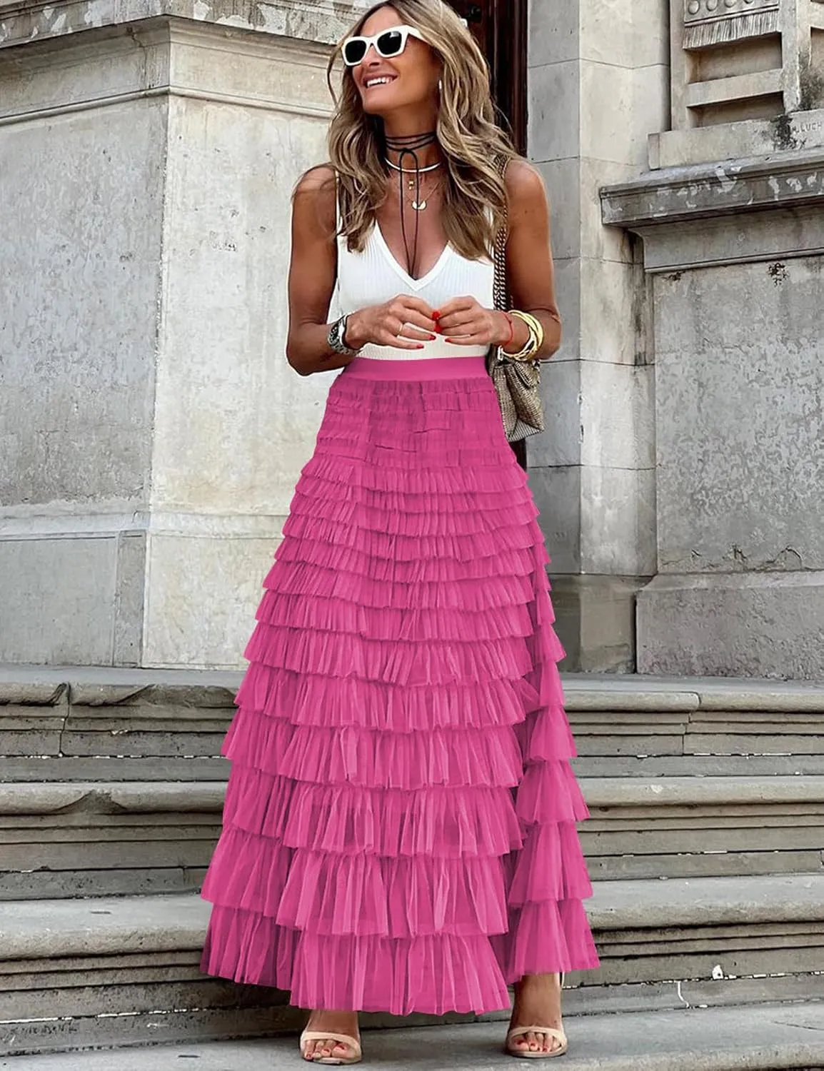 Perbai Womens Long Maxi Tiered Tulle Skirt High Waisted A Line Layered Mesh Tutu Skirts Petticoat