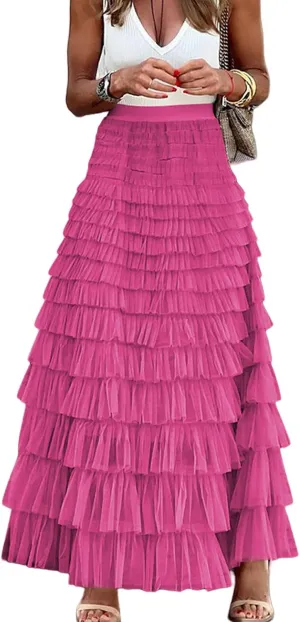 Perbai Womens Long Maxi Tiered Tulle Skirt High Waisted A Line Layered Mesh Tutu Skirts Petticoat