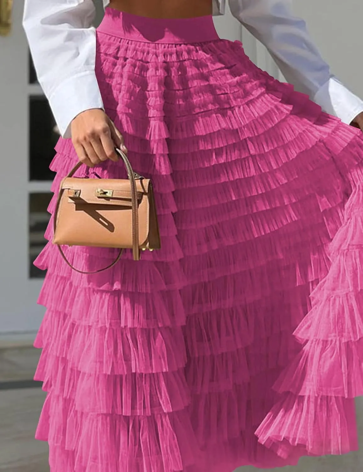 Perbai Womens Long Maxi Tiered Tulle Skirt High Waisted A Line Layered Mesh Tutu Skirts Petticoat