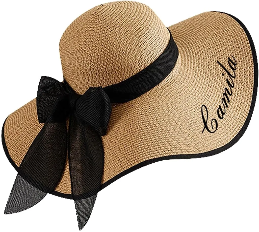 Personalized Womens Straw Sun Hat, Custom Name Wide Brim Summer Foldable Floppy Travel Vacation Beach Bow Sun Hat UPF