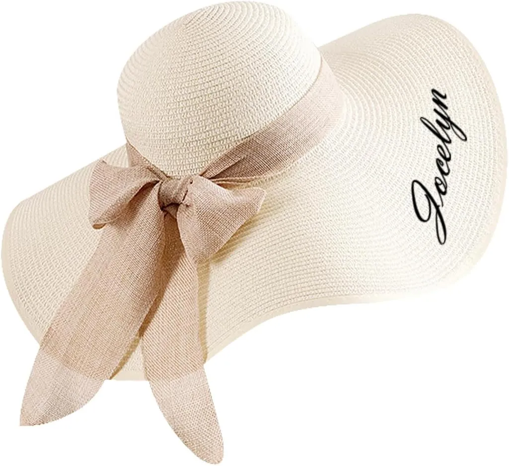 Personalized Womens Straw Sun Hat, Custom Name Wide Brim Summer Foldable Floppy Travel Vacation Beach Bow Sun Hat UPF