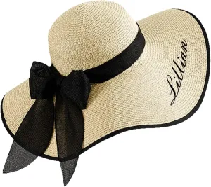 Personalized Womens Straw Sun Hat, Custom Name Wide Brim Summer Foldable Floppy Travel Vacation Beach Bow Sun Hat UPF