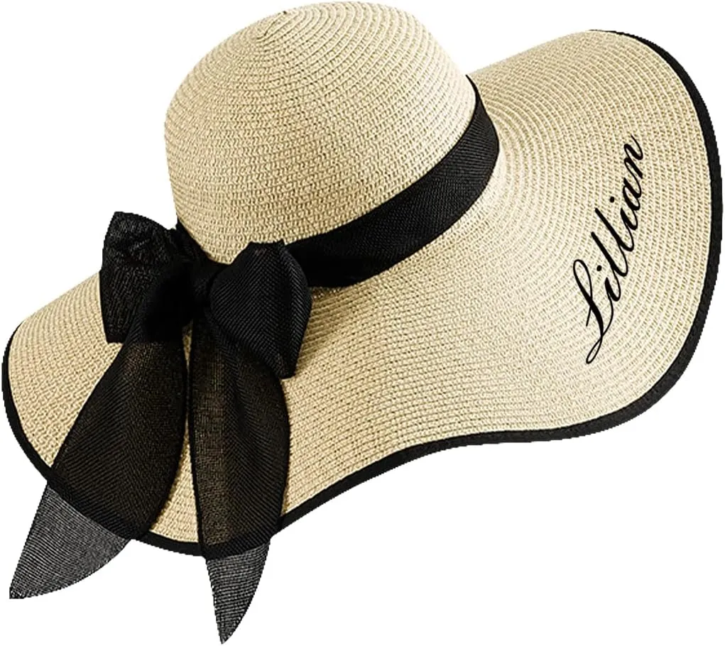 Personalized Womens Straw Sun Hat, Custom Name Wide Brim Summer Foldable Floppy Travel Vacation Beach Bow Sun Hat UPF