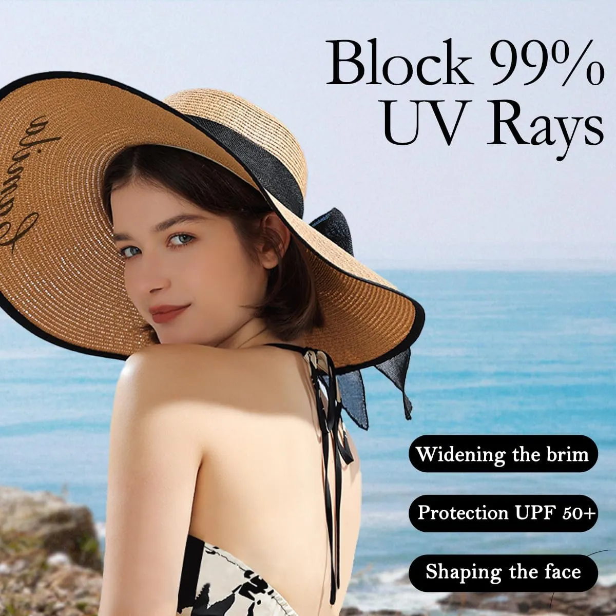 Personalized Womens Straw Sun Hat, Custom Name Wide Brim Summer Foldable Floppy Travel Vacation Beach Bow Sun Hat UPF