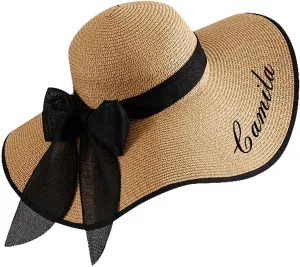 Personalized Womens Straw Sun Hat, Custom Name Wide Brim Summer Foldable Floppy Travel Vacation Beach Bow Sun Hat UPF