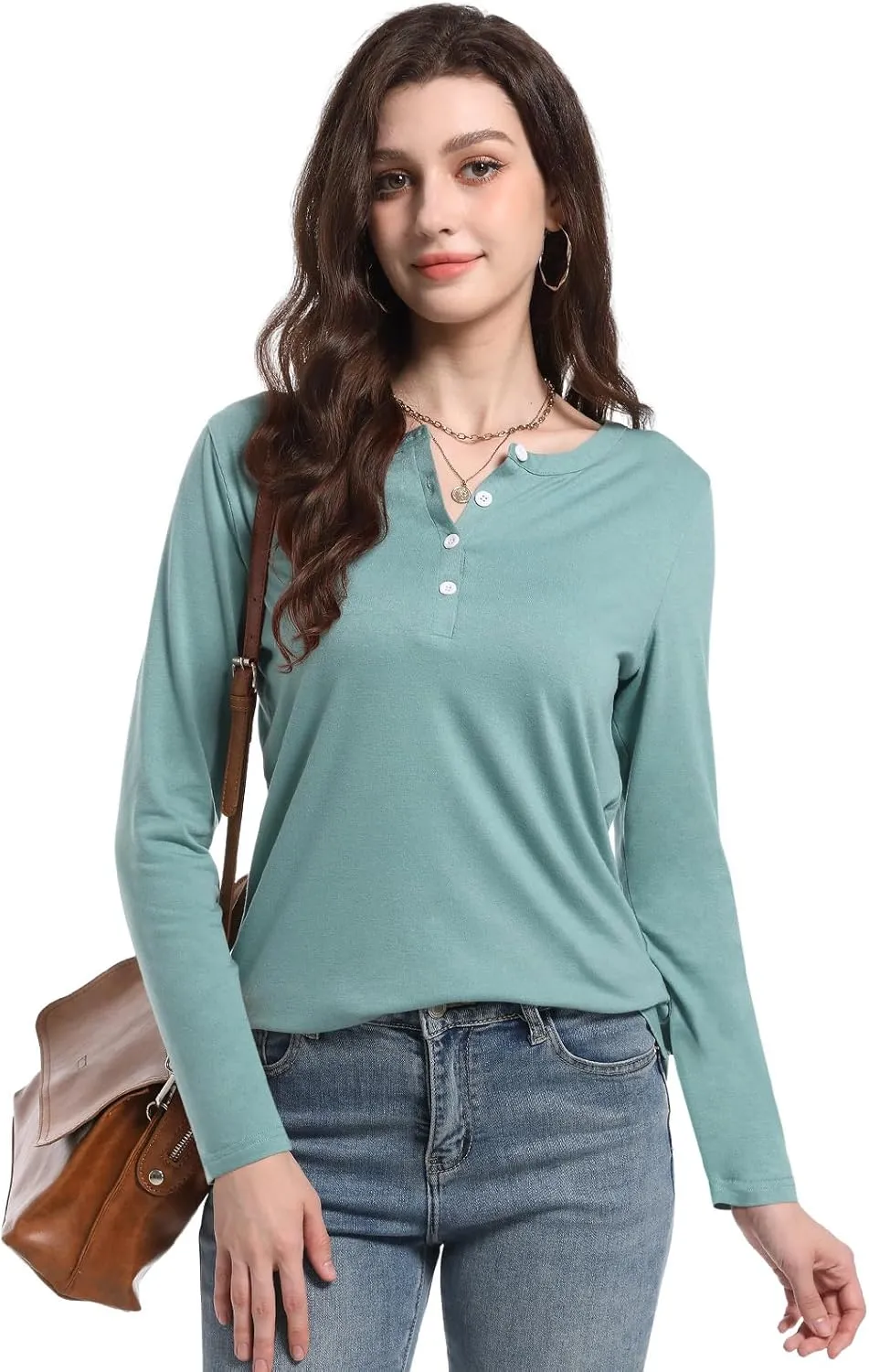 PGANDS Women's Long Sleeve Button Down T Shirts Scoop Neck Casual Tunic Tops
