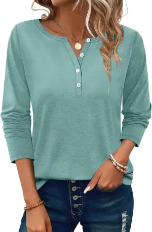 PGANDS Women's Long Sleeve Button Down T Shirts Scoop Neck Casual Tunic Tops