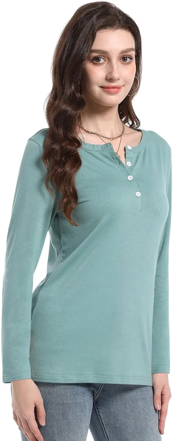 PGANDS Women's Long Sleeve Button Down T Shirts Scoop Neck Casual Tunic Tops