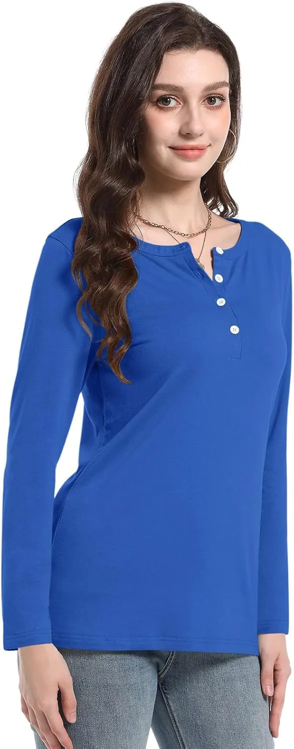 PGANDS Women's Long Sleeve Button Down T Shirts Scoop Neck Casual Tunic Tops