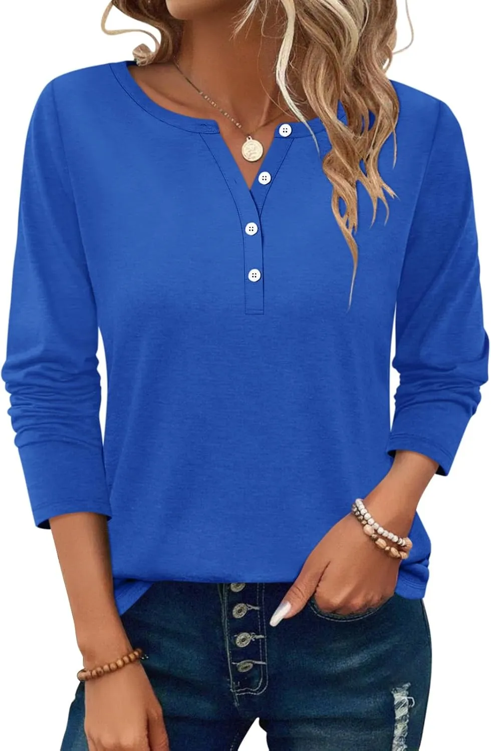 PGANDS Women's Long Sleeve Button Down T Shirts Scoop Neck Casual Tunic Tops