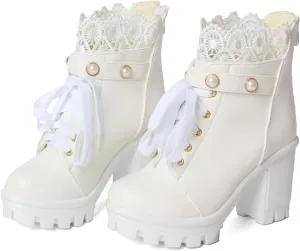 Platform Boots For Women Black Chunky Boot Goth Ankle Booties Bead Lace Lolita Dress Shoes With Zipper
