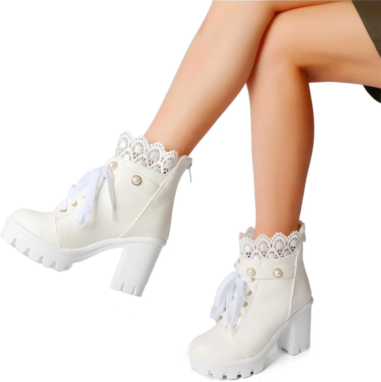 Platform Boots For Women Black Chunky Boot Goth Ankle Booties Bead Lace Lolita Dress Shoes With Zipper