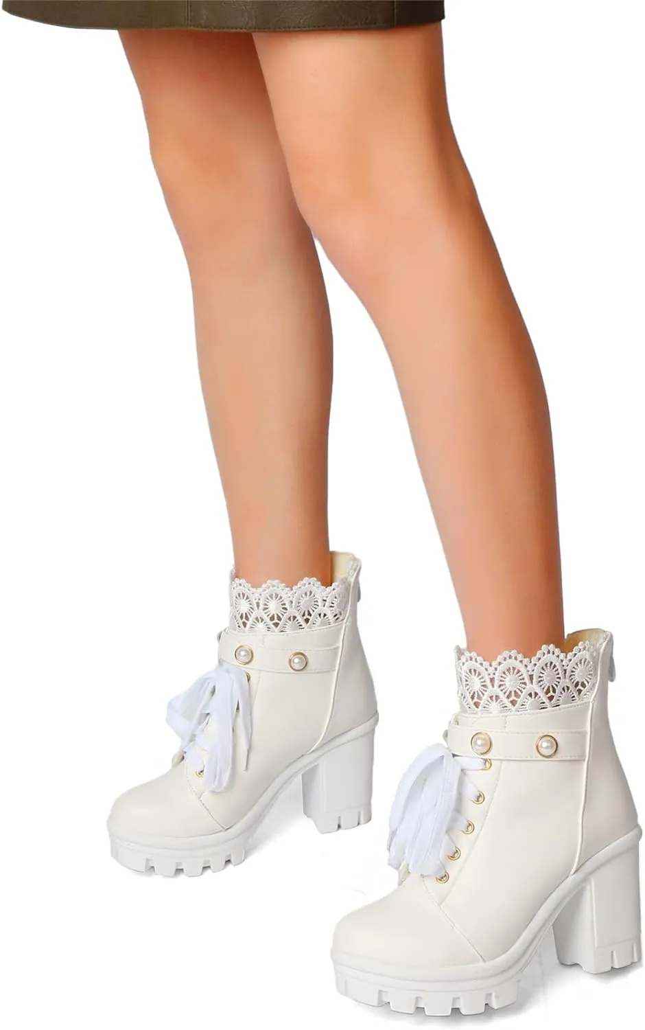 Platform Boots For Women Black Chunky Boot Goth Ankle Booties Bead Lace Lolita Dress Shoes With Zipper