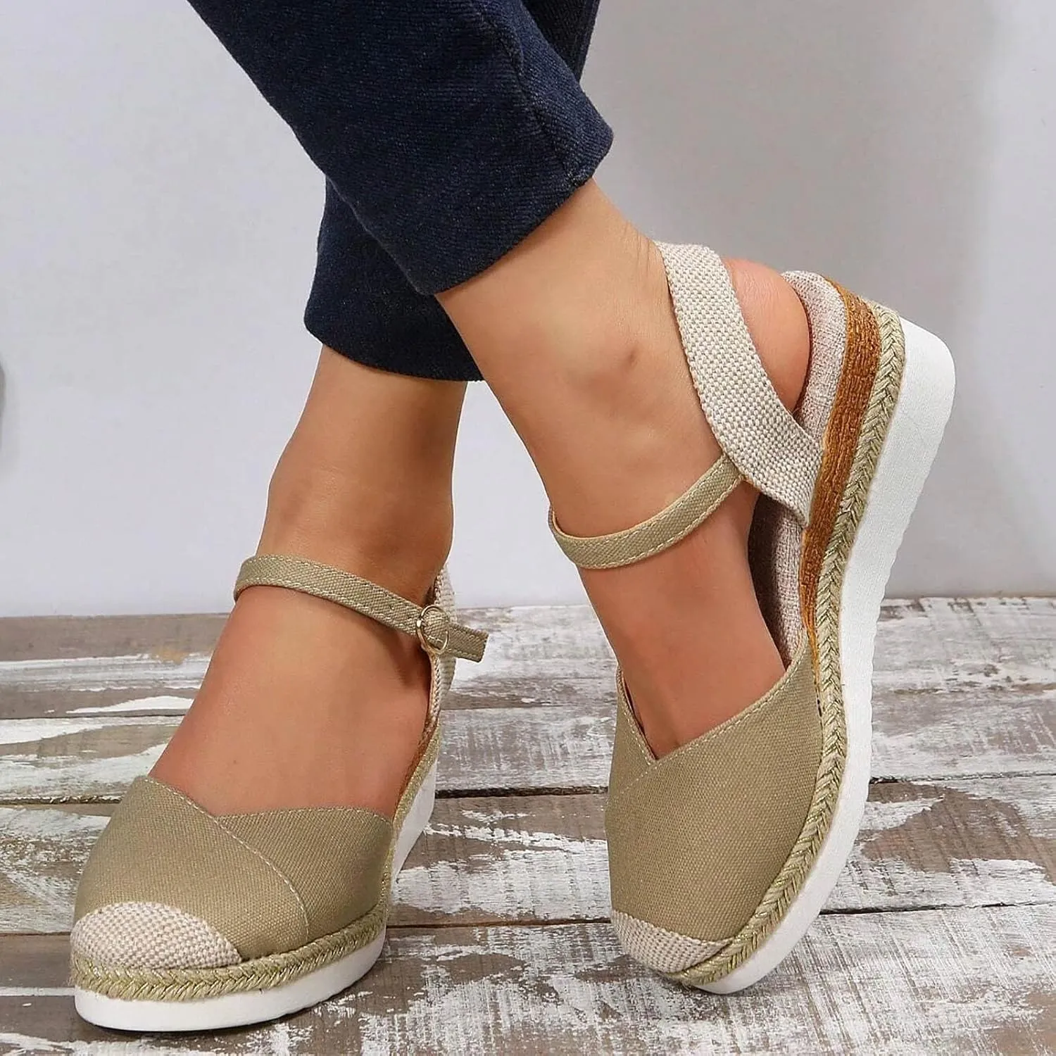 Platform Espadrilles Wedges for Women Closed Toe Casual Low Heel Dressy Sandals with Adjustable Buckle Ankle Strap