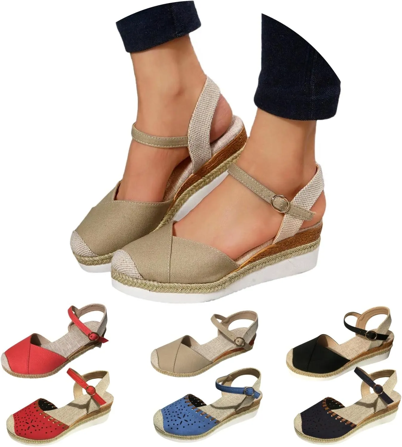 Platform Espadrilles Wedges for Women Closed Toe Casual Low Heel Dressy Sandals with Adjustable Buckle Ankle Strap