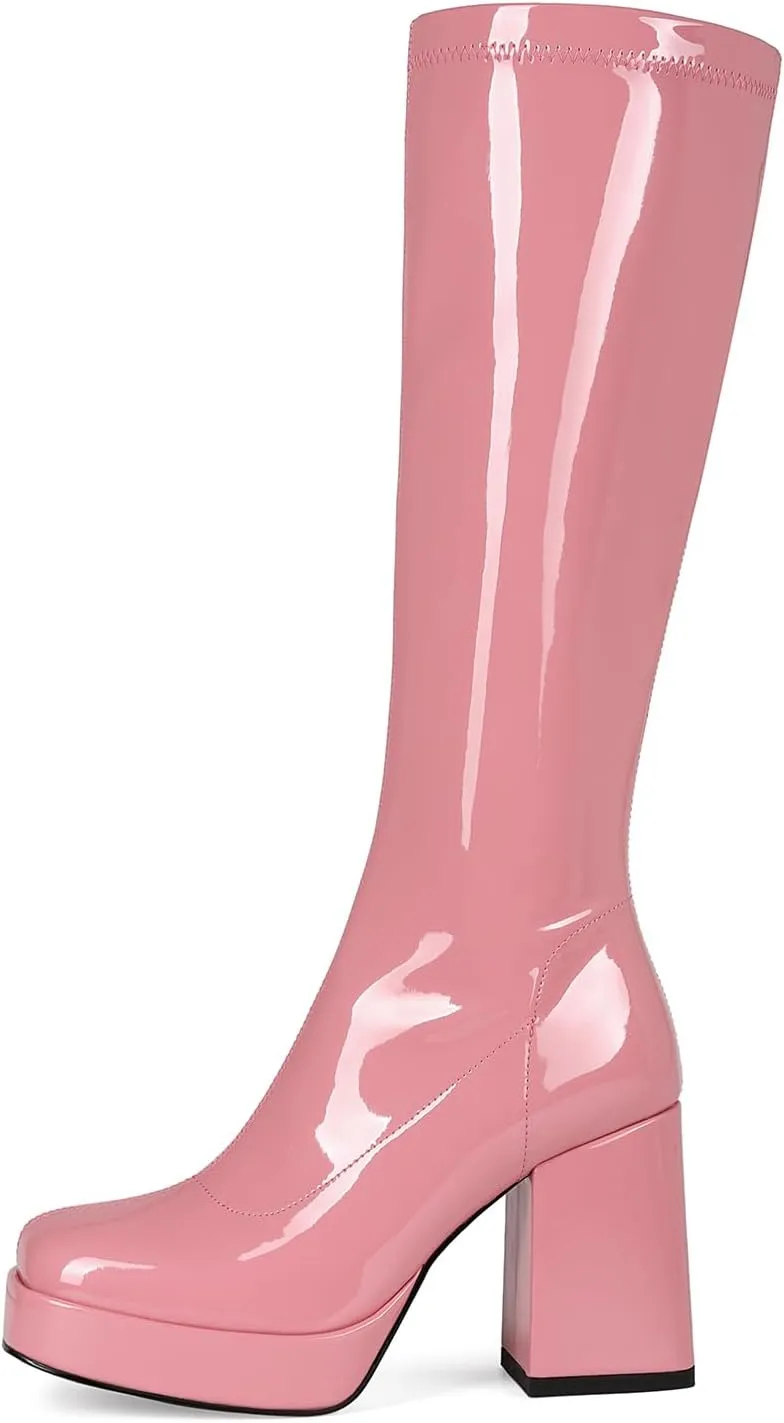 Platform Knee High Boots for Women Block Chunky High Heel Boot Square Toe Long Boots Women’s Elastic Stretchy Boots