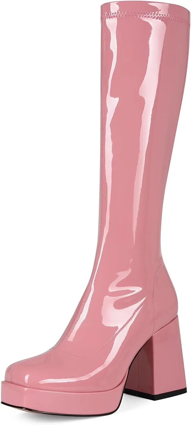 Platform Knee High Boots for Women Block Chunky High Heel Boot Square Toe Long Boots Women’s Elastic Stretchy Boots