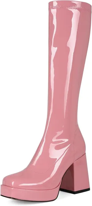Platform Knee High Boots for Women Block Chunky High Heel Boot Square Toe Long Boots Women’s Elastic Stretchy Boots