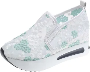 Platform Wedge Sneakers for Women Dressy Casual High Heel Loafers Floral Embroidery Tennis Shoes Breathable Walking Shoe Comfortable Sheer Mesh Slip on Shoe Chunky Sole Sneaker with Arch Support