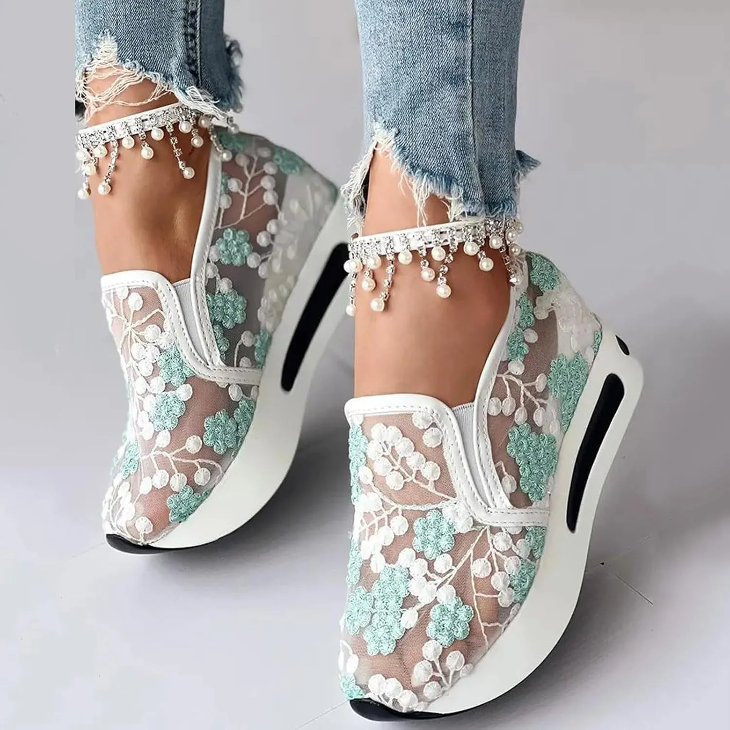 Platform Wedge Sneakers for Women Dressy Casual High Heel Loafers Floral Embroidery Tennis Shoes Breathable Walking Shoe Comfortable Sheer Mesh Slip on Shoe Chunky Sole Sneaker with Arch Support