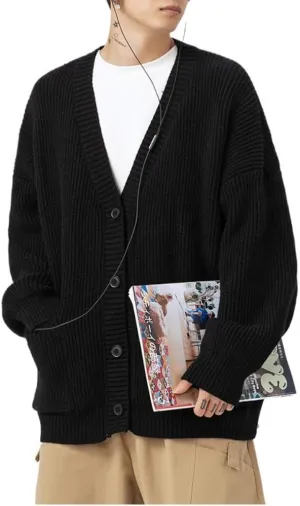 POHADON Mens Cardigan Sweater Button Down Long Sleeve V Neck Cable Knit Sweaters Japanese Streetwear Grunge Clothes