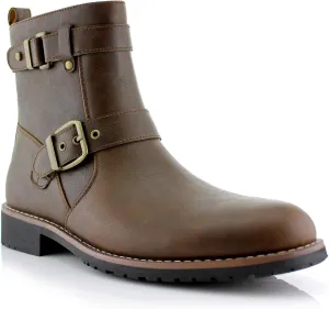 Polar Fox Mens Casual Engineer Zipper and Buckle Motorcycle Boots