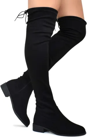 Premier Standard - Women's Fashion Comfy Vegan Suede Block Heel Side Zipper Back Lace Thigh High Over The Knee Boots