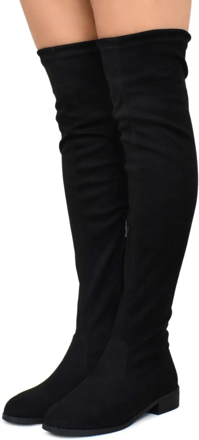 Premier Standard - Women's Fashion Comfy Vegan Suede Block Heel Side Zipper Back Lace Thigh High Over The Knee Boots
