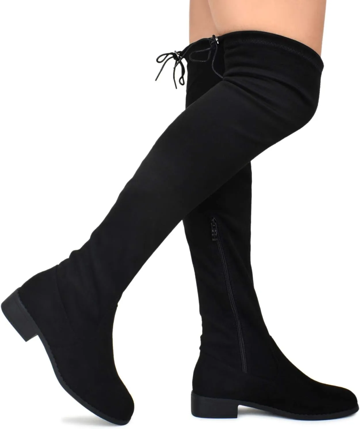 Premier Standard - Women's Fashion Comfy Vegan Suede Block Heel Side Zipper Back Lace Thigh High Over The Knee Boots