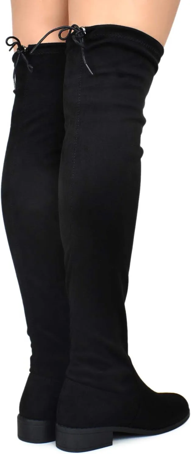 Premier Standard - Women's Fashion Comfy Vegan Suede Block Heel Side Zipper Back Lace Thigh High Over The Knee Boots