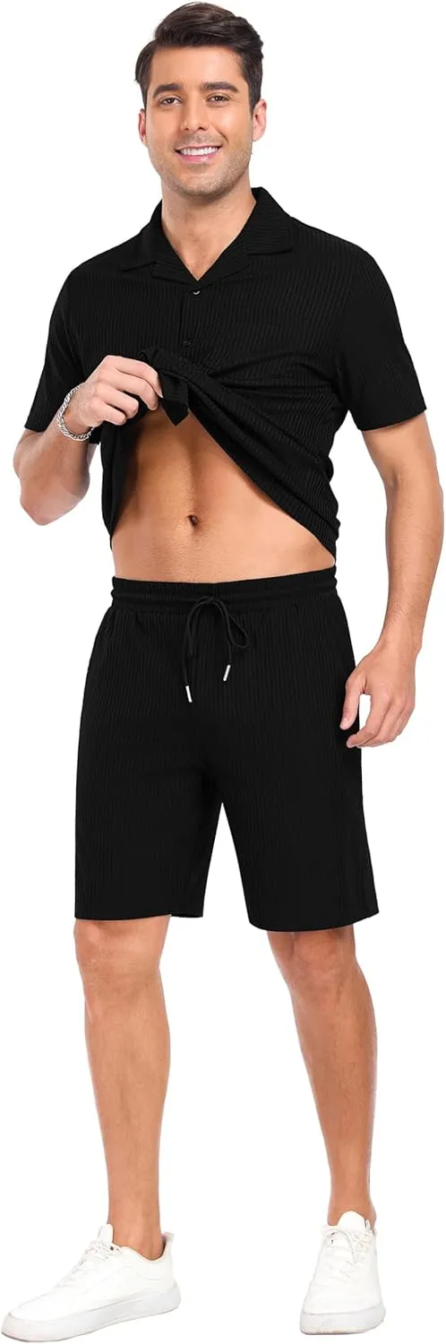 PrinStory Mens Short Sleeve Outfits 2 Piece Summer Beach Button Down Shirts and Shorts Set Tracksuit with Pockets