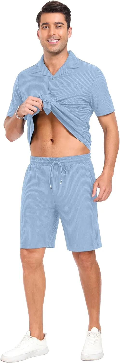 PrinStory Mens Short Sleeve Outfits 2 Piece Summer Beach Button Down Shirts and Shorts Set Tracksuit with Pockets