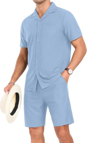 PrinStory Mens Short Sleeve Outfits 2 Piece Summer Beach Button Down Shirts and Shorts Set Tracksuit with Pockets