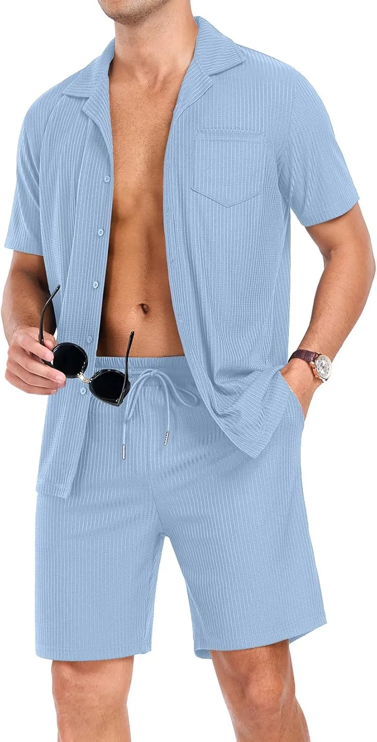 PrinStory Mens Short Sleeve Outfits 2 Piece Summer Beach Button Down Shirts and Shorts Set Tracksuit with Pockets