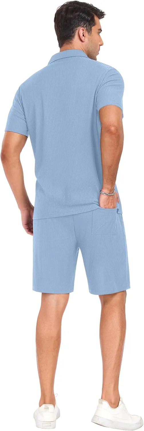 PrinStory Mens Short Sleeve Outfits 2 Piece Summer Beach Button Down Shirts and Shorts Set Tracksuit with Pockets