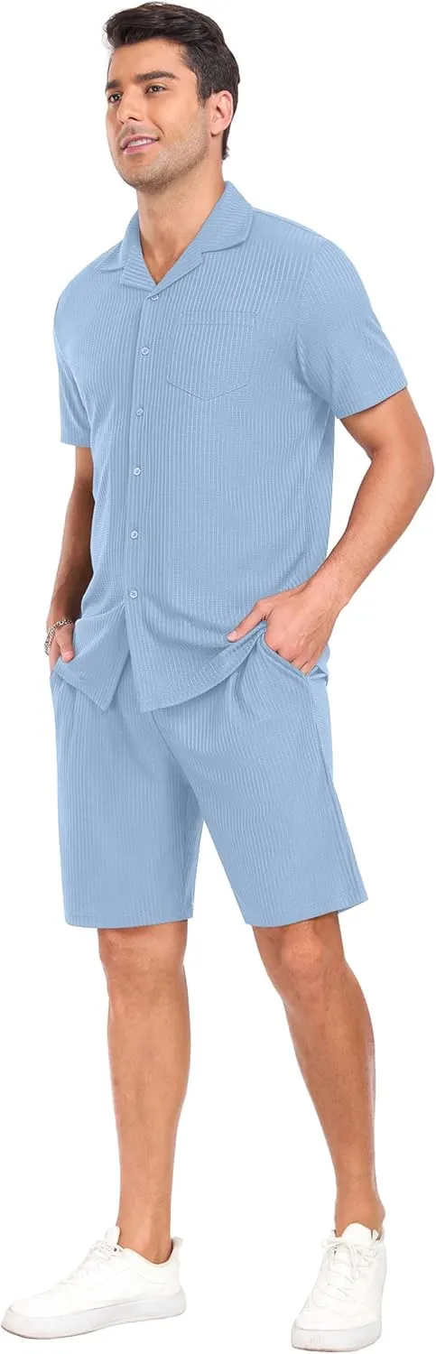 PrinStory Mens Short Sleeve Outfits 2 Piece Summer Beach Button Down Shirts and Shorts Set Tracksuit with Pockets