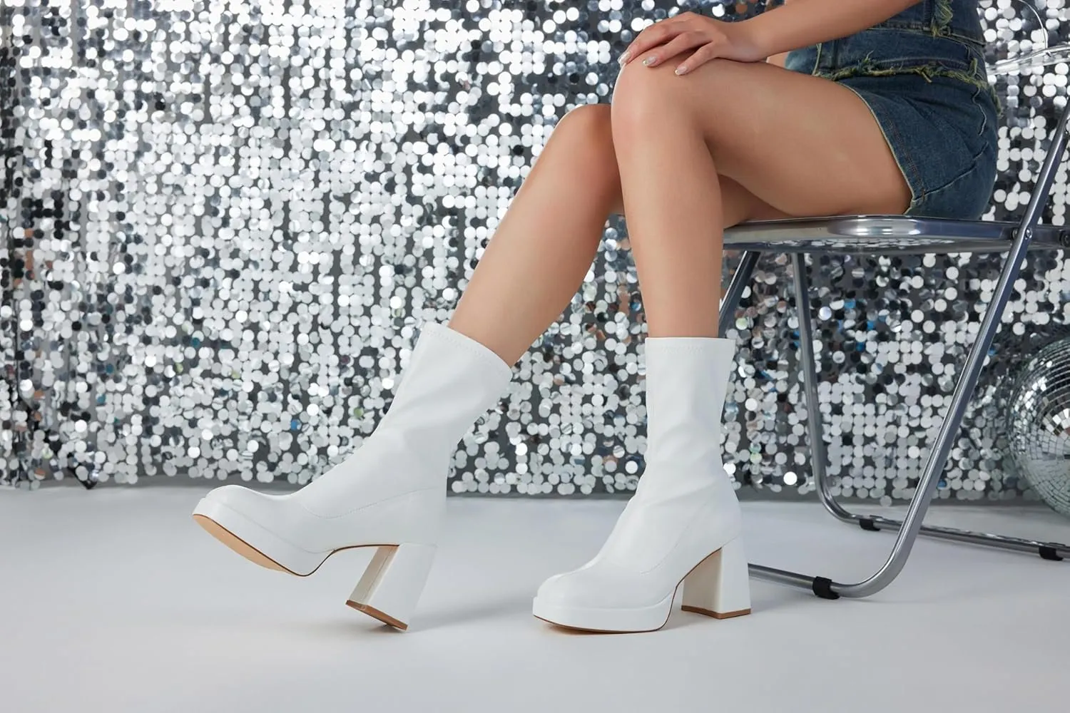 Putu Platform Boots for Women,GoGo Boots,Square Toe Sock Boots Chunky Heel Ankle Boots Pull on Booties