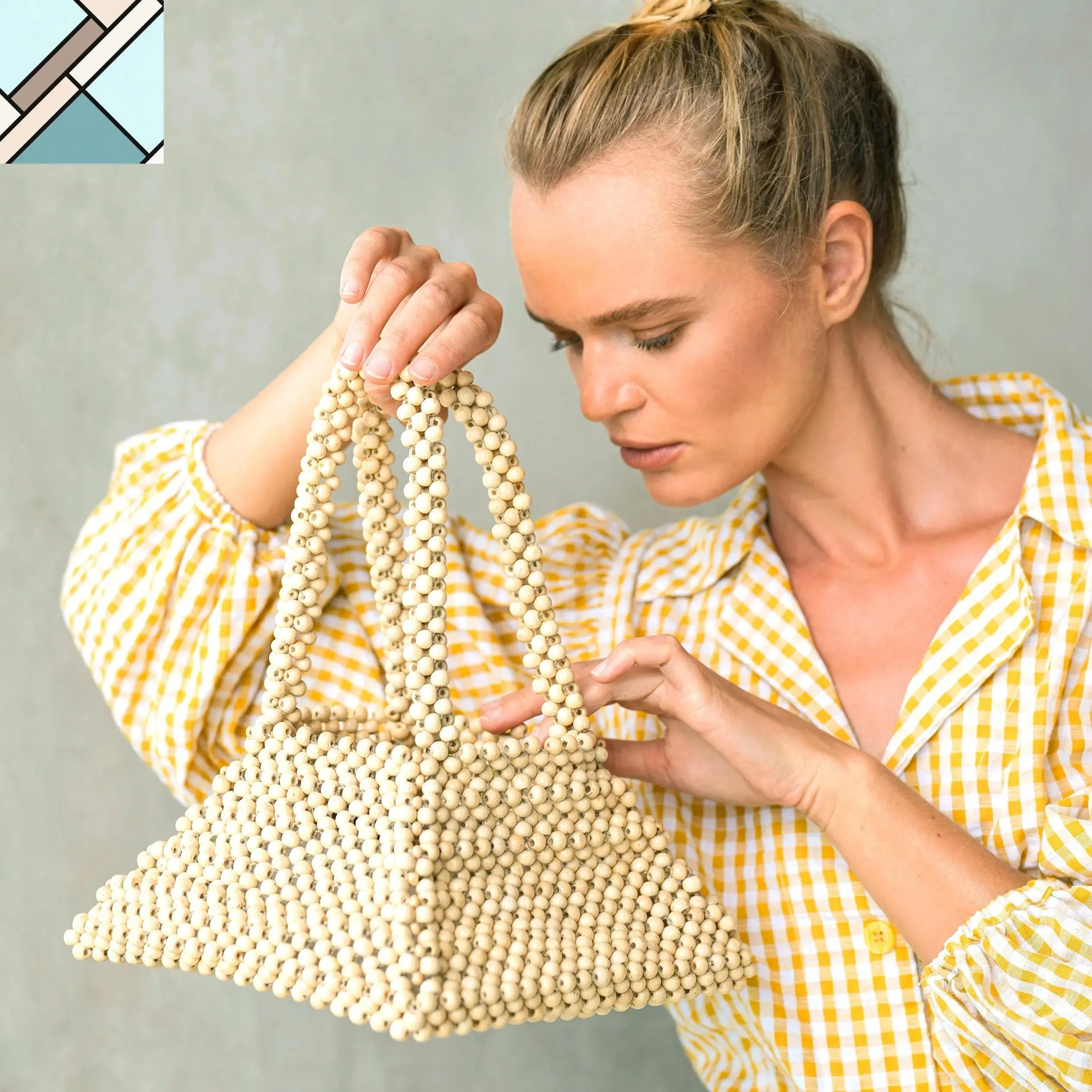 Pyramid Beaded Tote Bag in Nude Beige by BrunnaCo