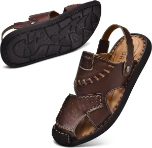 Qiucdzi Mens Leather Sandals, Closed-Toe Hiking Sandals Slip-on Summer Sandals Adjustable Athletic Beach Sandals Handmade Fisherman Shoes for Outdoor