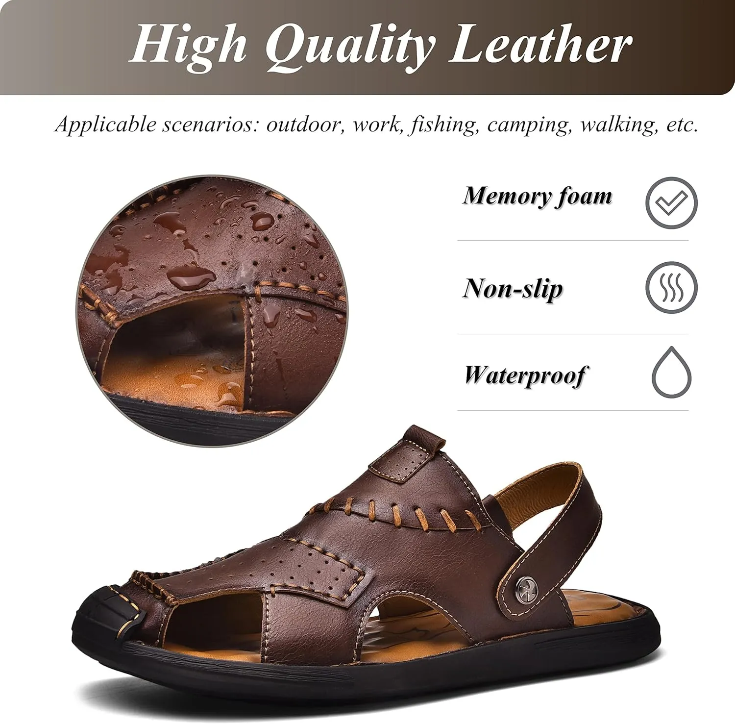 Qiucdzi Mens Leather Sandals, Closed-Toe Hiking Sandals Slip-on Summer Sandals Adjustable Athletic Beach Sandals Handmade Fisherman Shoes for Outdoor