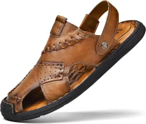 Qiucdzi Mens Leather Sandals, Closed-Toe Hiking Sandals Slip-on Summer Sandals Adjustable Athletic Beach Sandals Handmade Fisherman Shoes for Outdoor